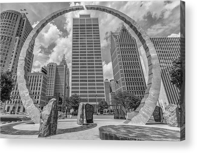 City Of Detroit. Motor City Acrylic Print featuring the photograph Detroit Hart Plaza and Cityscape by John McGraw
