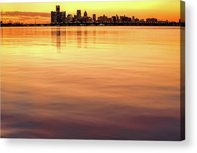 Detroit Skyline Acrylic Print featuring the photograph Detroit River Of Gold by Wes Iversen