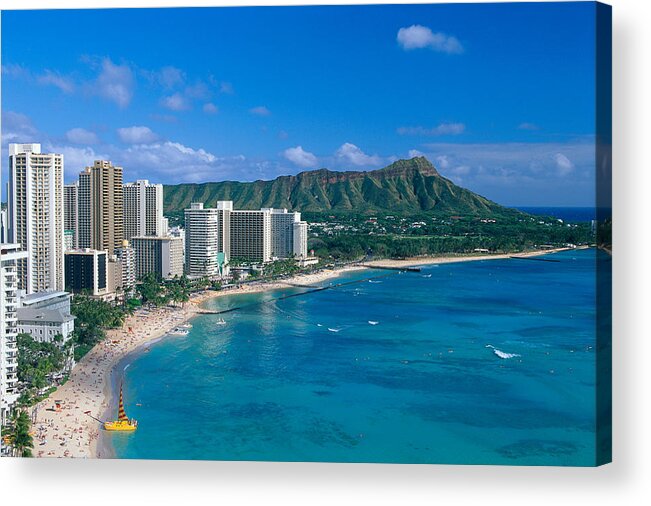 Aerial Acrylic Print featuring the photograph Diamond Head And Waikiki by William Waterfall - Printscapes