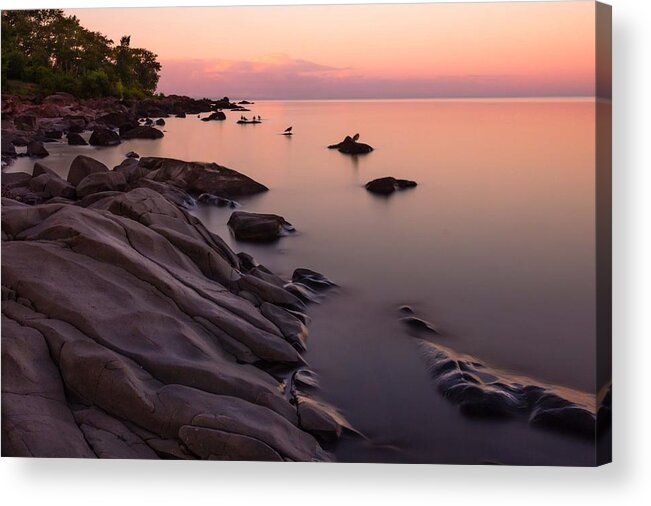 dimming Of The Day a Wonderful Song By Bonnie Raitt sunset Calm Peace Serenity lake Superior lake Superior Sunset brighton Beach Duluth Minnesota Nature long Exposure lake Superior Northshore ancient Rocks magic Acrylic Print featuring the photograph Dimming of the Day by Mary Amerman