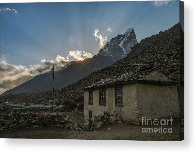 Everest Acrylic Print featuring the photograph Dingboche Nepal Sunrays by Mike Reid