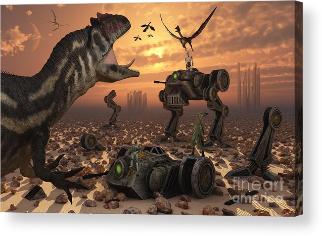 Digitally Generated Image Acrylic Print featuring the digital art Dinosaurs And Robots Fight A War by Mark Stevenson