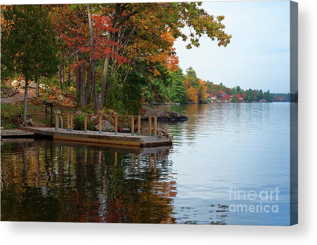Lake Acrylic Print featuring the photograph Dock on lake in fall by Les Palenik