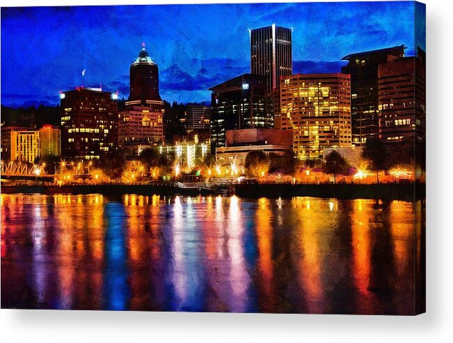 Hdr Acrylic Print featuring the photograph Downtown Portland Skyline At Night by Thom Zehrfeld