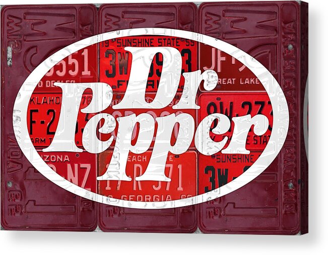 Dr Pepper Acrylic Print featuring the mixed media Dr Pepper Soda Pop Beverage Vintage Retro Logo Recycled License Plate Art by Design Turnpike