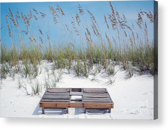 Destin Acrylic Print featuring the photograph Dual Wooden Tanning Beds on White Sand Dune Destin Florida by Shawn O'Brien