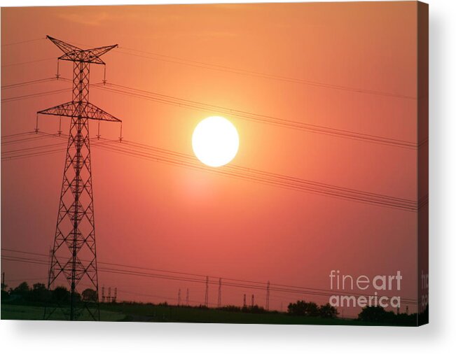 Dusk Acrylic Print featuring the photograph Electrical pylon at silhouetted at sunset by Sami Sarkis