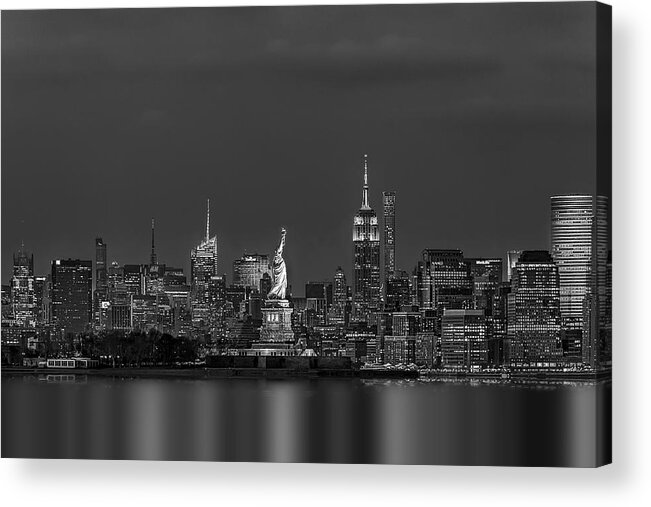 Statue Of Liberty Acrylic Print featuring the photograph Empire State And Statue Of Liberty BW by Susan Candelario