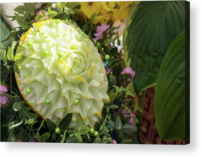 Carved Melon Acrylic Print featuring the photograph Extravagant Jeweled Dishes - Carved Melon Flower With Green Pearls by Georgia Mizuleva
