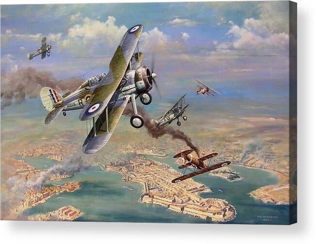 Gloster Gladiator. Malta Ww2. Aerial Combat Over Malta Acrylic Print featuring the painting 'Faith, Hope and Charity' by Colin Parker