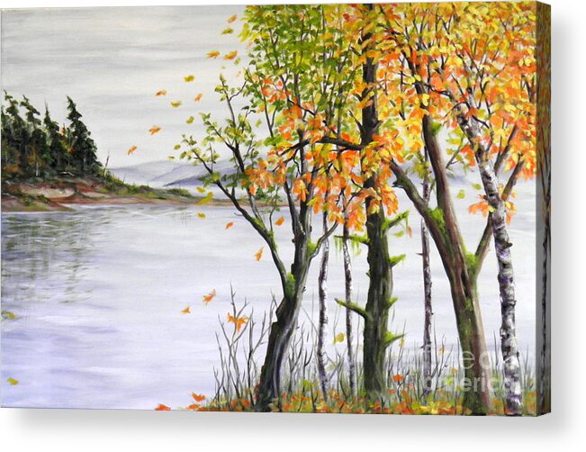 Trees Water Inlet Reflection Wind Leaves Colours Landscape Seascape Sky Clouds Brush Mountains Light Dark Shadow Shade Windy Green Blue White Yellow Orange Brown Red Perspective View Acrylic Print featuring the painting Fall blows in by Ida Eriksen