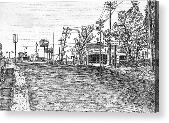 Landscape Acrylic Print featuring the drawing Falmouth National Bank at entrance to Woods Hole by Vic Delnore