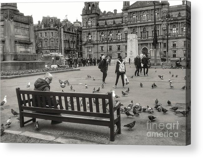 George Square Acrylic Print featuring the photograph Feeding the Birds at George Square In Greyscale by Joan-Violet Stretch