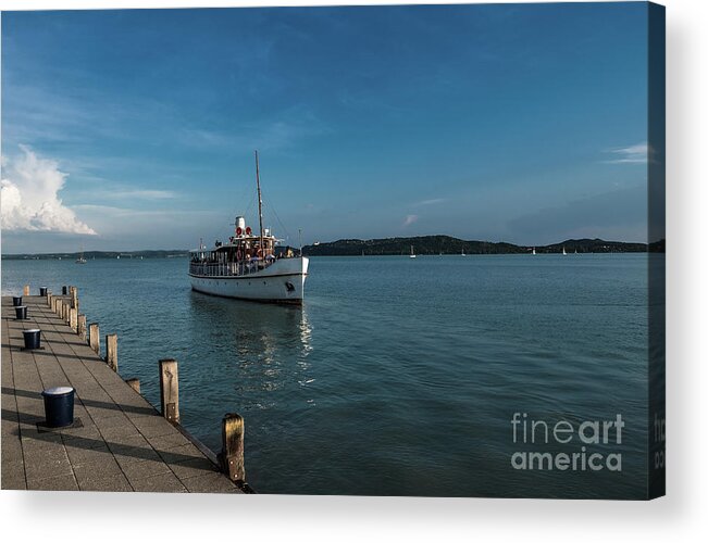 Approach Acrylic Print featuring the photograph Ferry Ship approaches Harbor on Lake Balaton in Hungary by Andreas Berthold