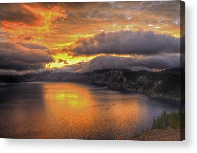 Crater Lake National Park Acrylic Print featuring the photograph Fire in the Lake #1 by Don Mercer