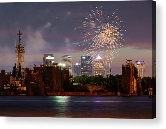 Fireworks Acrylic Print featuring the photograph Fireworks over Tampa 2017 by Daniel Woodrum