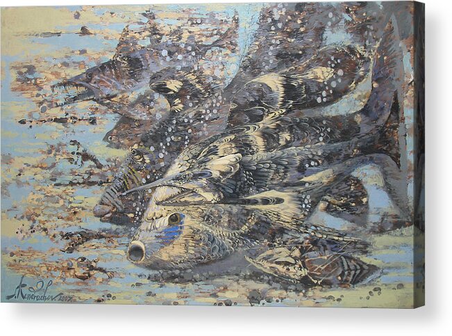 Fishes Acrylic Print featuring the painting Fishes. Monotype by Valentina Kondrashova