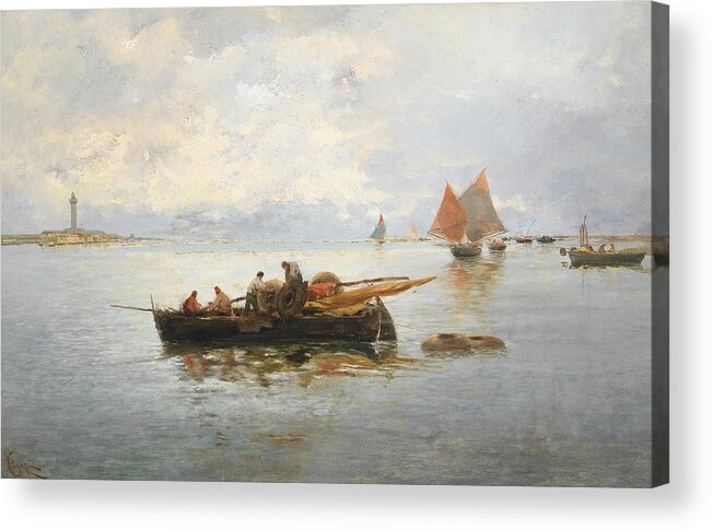 Giuseppe Pogna Acrylic Print featuring the painting Fishing boats by the coast by Celestial Images