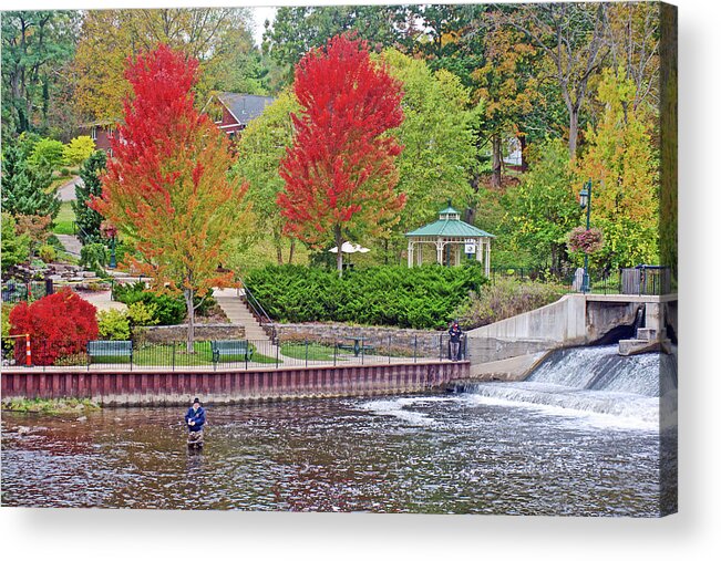 Fishing In Rogue River Above Rogue River Dam In Rockford Acrylic Print featuring the photograph Fishing in Rogue River above Rogue River Dam in Rockford, Michigan by Ruth Hager