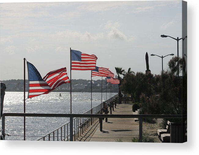 Red Acrylic Print featuring the photograph Flags On The Inlet Boardwalk by Robert Banach