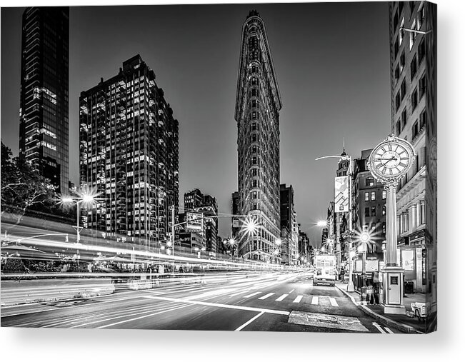 Flatiron Building Acrylic Print featuring the photograph Flatiron 5th Ave Clock NYC BW by Susan Candelario