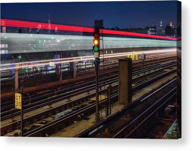 Nyc Subway Acrylic Print featuring the photograph Flushing 7 Train and NYC Skyline by Susan Candelario