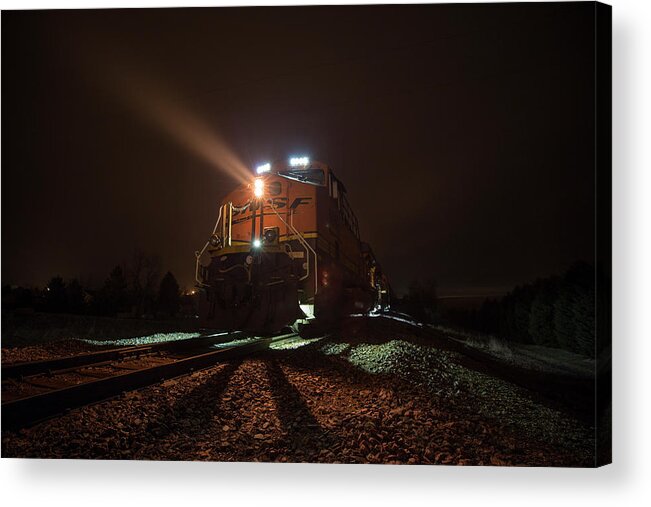 Canon Acrylic Print featuring the photograph Foggy Night Train by Aaron J Groen