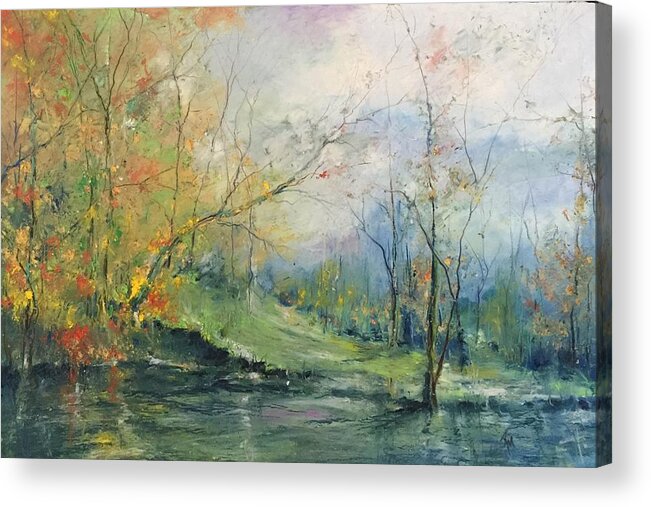 Autumn Acrylic Print featuring the painting Foliage Flames on the River by Robin Miller-Bookhout