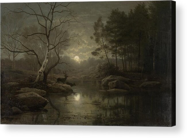 Forest Landscape In The Moonlight Acrylic Print featuring the painting Forest Landscape in the Moonlight by MotionAge Designs