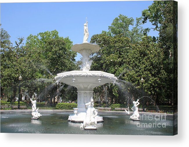Savannah Georgia Acrylic Print featuring the photograph Forsyth Park Fountain with Blue Sky by Carol Groenen