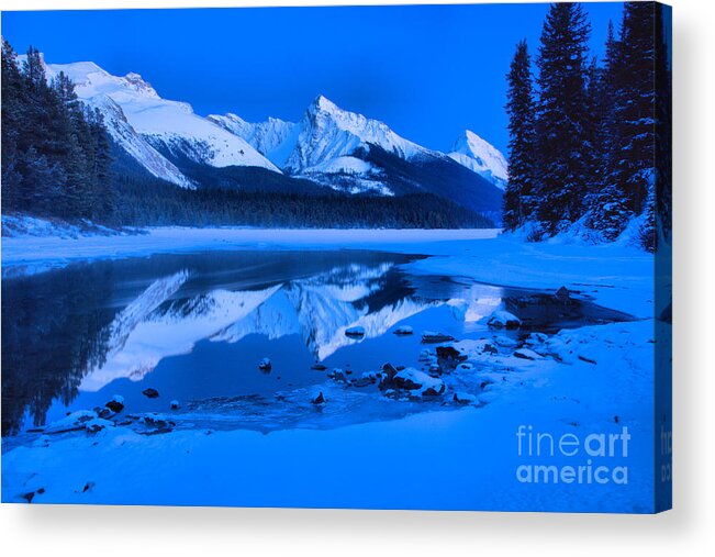 Maligne Lake Acrylic Print featuring the photograph Frigid Winter Evening At Maligne Lake by Adam Jewell
