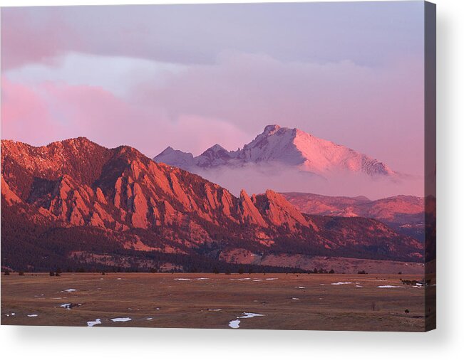 Flatirons Acrylic Print featuring the photograph Front Range Sunrise - The Flatirons and Longs Peak by Aaron Spong