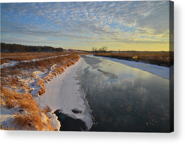 Glacial Park Acrylic Print featuring the photograph Frozen Nippersink Creek at Sunset in Glacial Park by Ray Mathis
