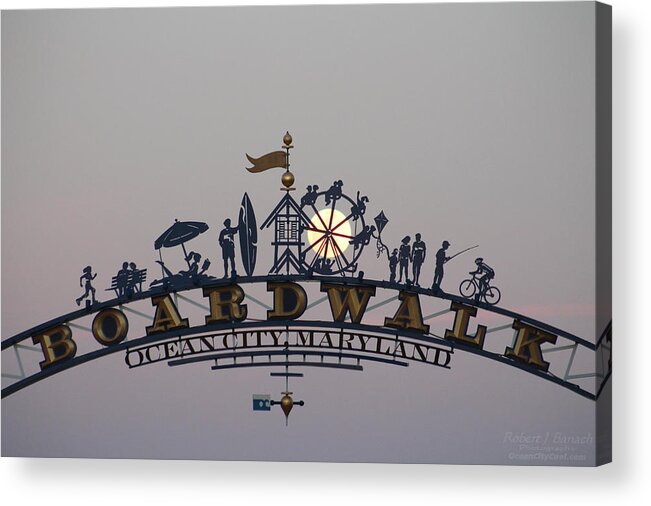 Boardwalk Acrylic Print featuring the photograph Full Moon in the Boardwalk Arch Ferris Wheel by Robert Banach