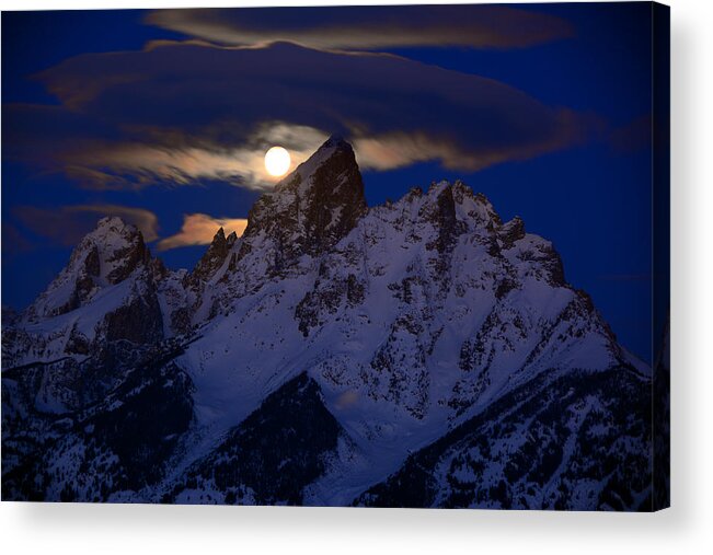Full Moon Sets Over The Grand Teton Acrylic Print featuring the photograph Full Moon Sets Over the Grand Teton by Raymond Salani III