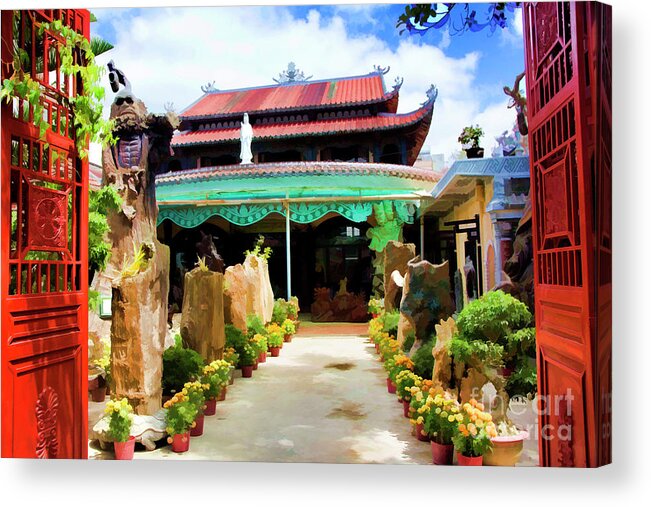  Glass Mosaic Acrylic Print featuring the photograph Garden Entrance Pagoda Vietnam by Chuck Kuhn
