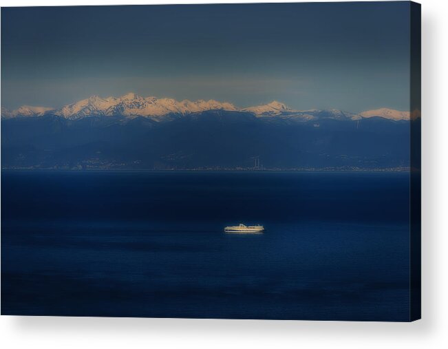 Mare Acrylic Print featuring the photograph Genoa And Savona Coastal Seascape With Ship And Snowy Alps Mountains by Enrico Pelos