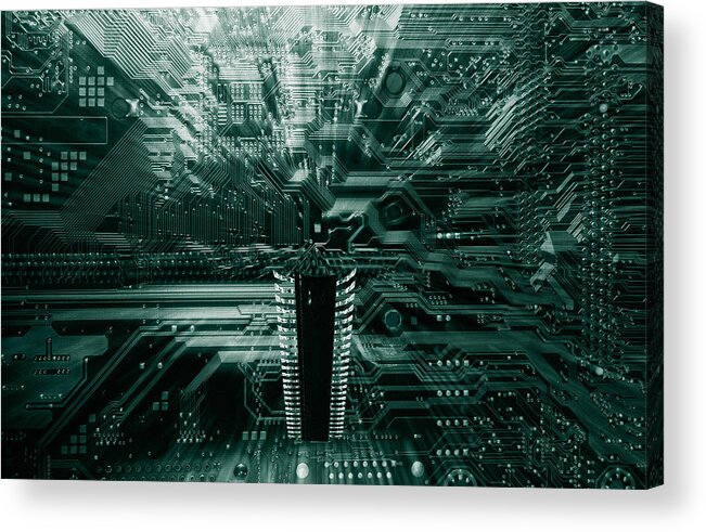 Microchip Acrylic Print featuring the photograph Ginat Microchip Hovering Above Circuit-board by Christian Lagereek