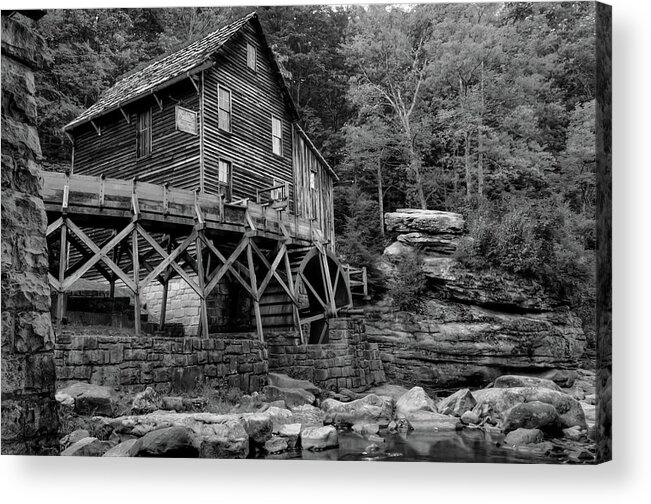 Glade Creek Monochrome Acrylic Print featuring the photograph Glade Creek Grist Mill in West Virginia - Black and White by Gregory Ballos