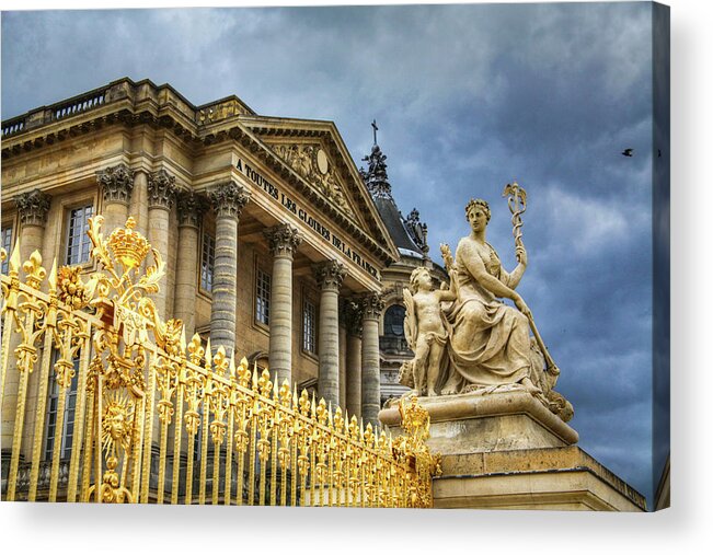 France Glory Versailles Palace Gates Gold Statue Bird Storm Acrylic Print featuring the photograph Gloires de la France by Ross Henton