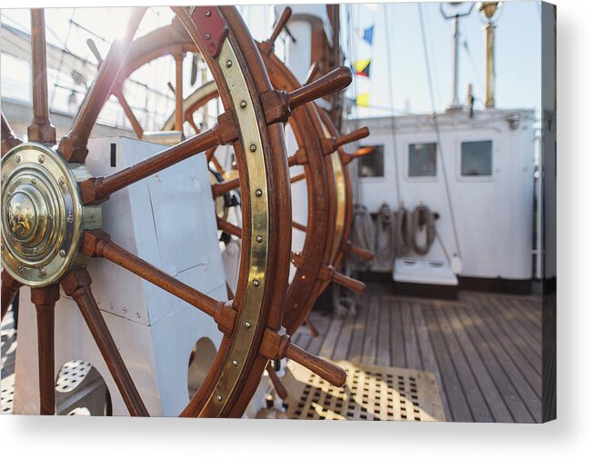 Ship Acrylic Print featuring the photograph Steering Wheel of big sailing ship by Maksym Kaharlytskyi