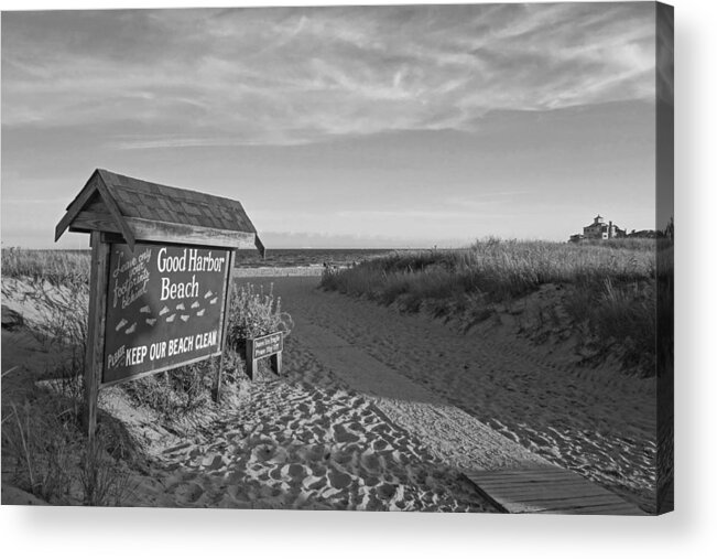Gloucester Acrylic Print featuring the photograph Good Harbor Sign at Sunset Black and White by Toby McGuire