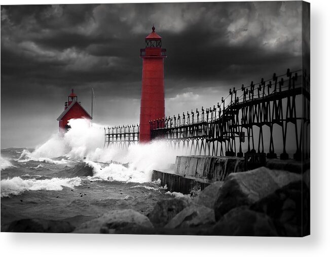 Lighthouse Acrylic Print featuring the photograph Grand Haven Lighthouse in a Rain Storm by Randall Nyhof