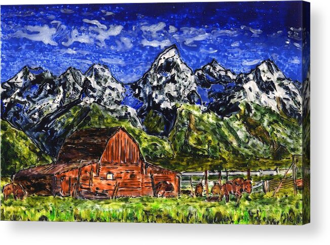Buffalo Acrylic Print featuring the painting Grand Tetons with Buffalo by Phil Strang