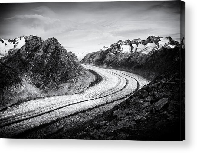 Aletsch Glacier Acrylic Print featuring the photograph Great Aletsch Glacier Switzerland Black and White by Matthias Hauser