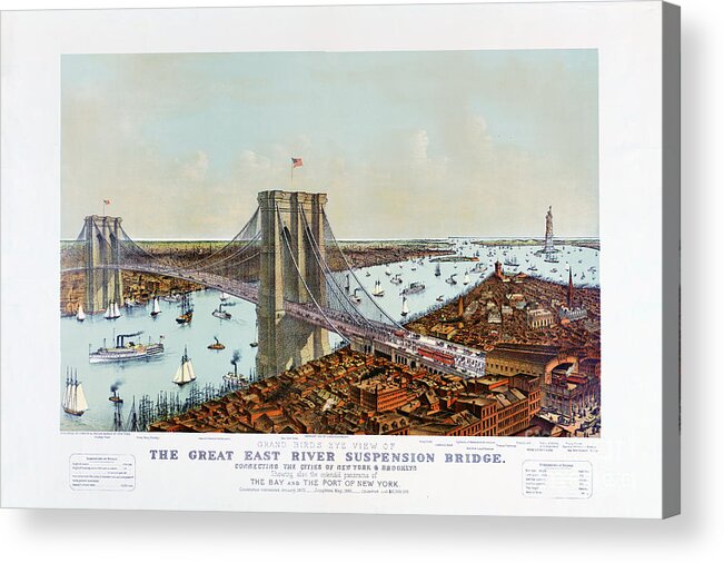 Brooklyn Bridge Acrylic Print featuring the drawing Great East River suspension bridge 1892 by Vintage Treasure