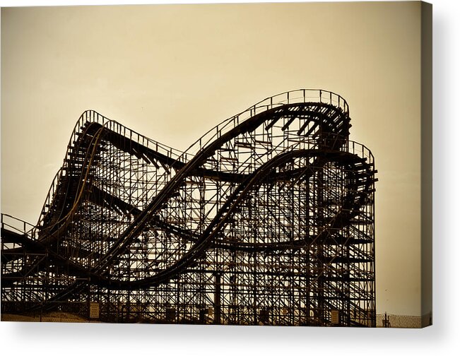 Great White Acrylic Print featuring the photograph Great White Roller Coaster - Adventure Pier Wildwood NJ in Sepia by Bill Cannon