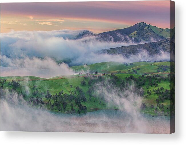 Landscape Acrylic Print featuring the photograph Green Hills and Fog at Sunrise by Marc Crumpler