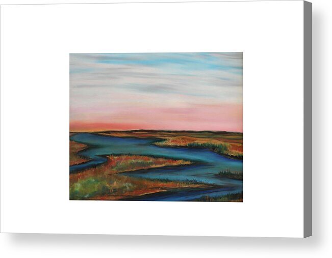 Sky Light Gold Grasses Marsh Tide Coastal Saltwater Beach Cottage Pink Glow Ocean Bay Nature Spirit Peace Tranquility Acrylic Print featuring the painting Guilded edge by Daniel Dubinsky