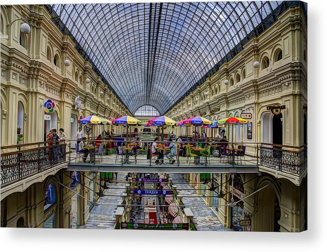 Red Square Moscow Acrylic Print featuring the photograph GUM Department Store Interior - Red Square - Moscow by Jon Berghoff